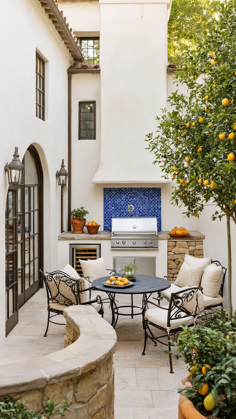 Aerial view of a Mediterranean courtyard kitchen with stucco walls, blue tile grill station, curved stone counter, citrus pots, and wrought iron dining set in golden hour light.