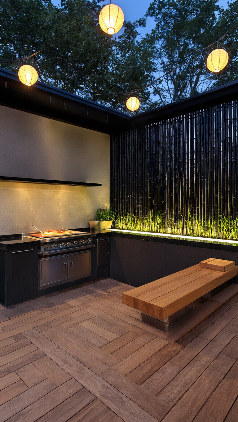 Zen-inspired Asian-fusion garden kitchen at twilight with teppanyaki grill, black granite countertop, water feature, floating ipe bench seating, and paper lantern lights.