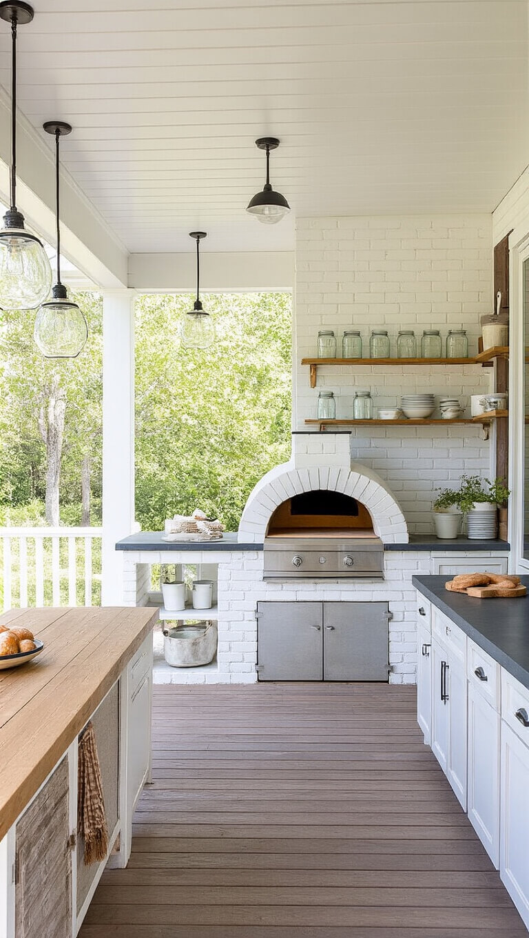 Modern farmhouse kitchen porch with white brick pizza oven, soapstone counters, enamelware on open shelves, vintage screen door cabinets, and mason jar pendant lights in bright natural light.