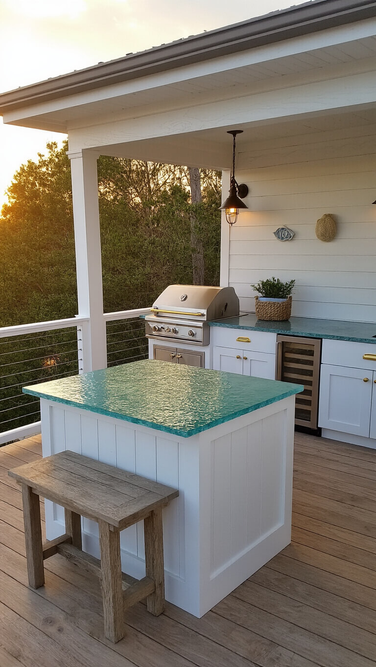 Coastal deck kitchen at sunset with built-in grill, sea glass countertop, rope-wrapped posts, and nautical lighting.