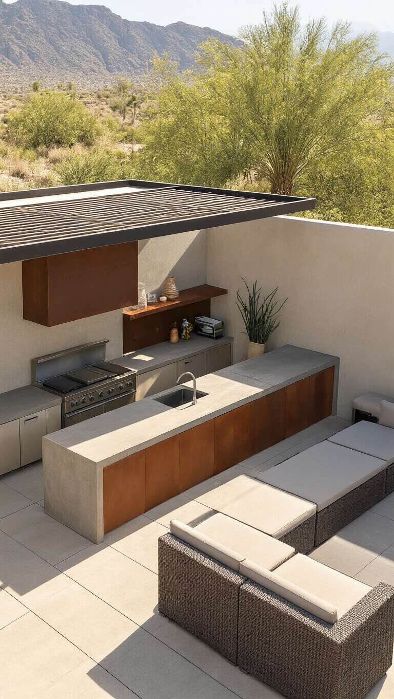 High-angle view of a desert modern patio kitchen with a Corten steel linear cooking station, floating taupe concrete counters, adjustable louver roof, perimeter misting system, and contemporary sectional seating under softened noon light.