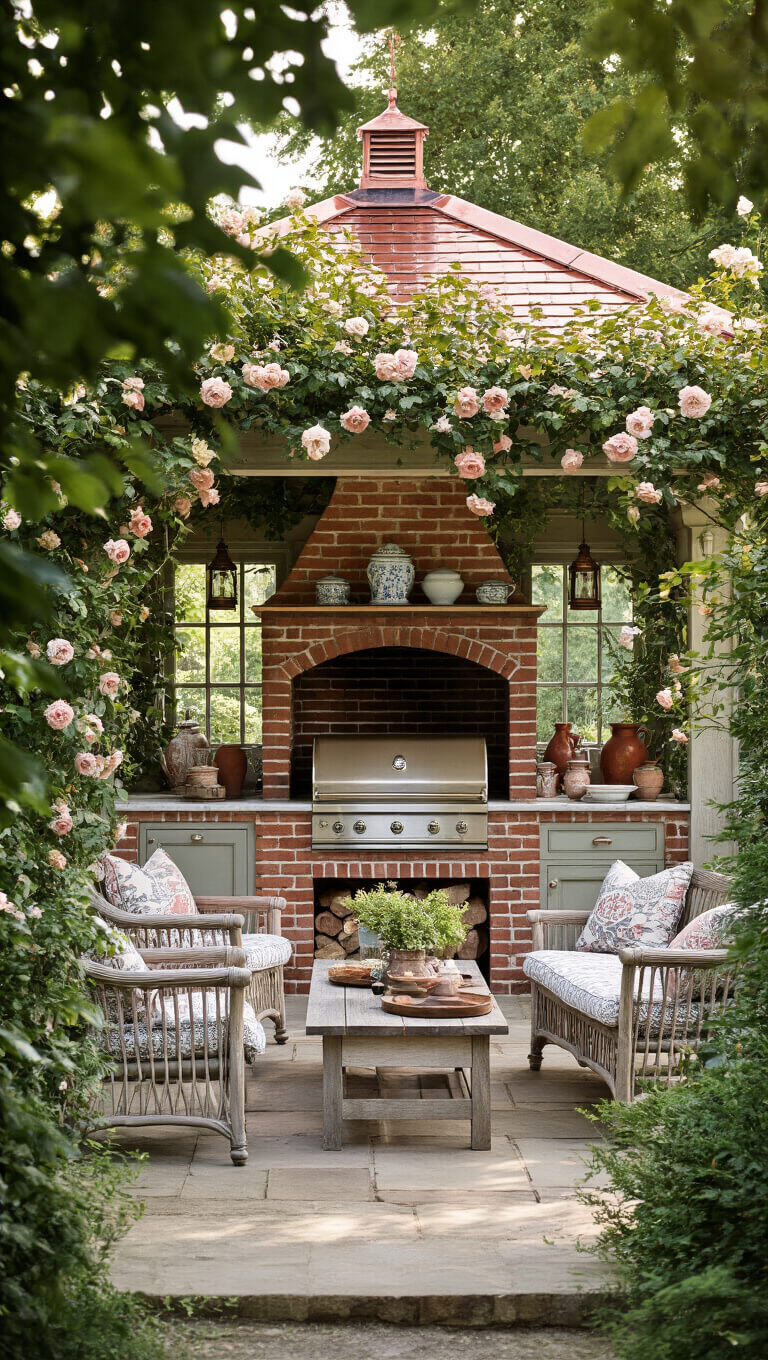 English garden kitchen pavilion with copper roof, brick grill and limestone counters, framed by climbing roses, antique lanterns, pottery, and teak furniture with floral cushions, viewed softly through foliage in afternoon light.
