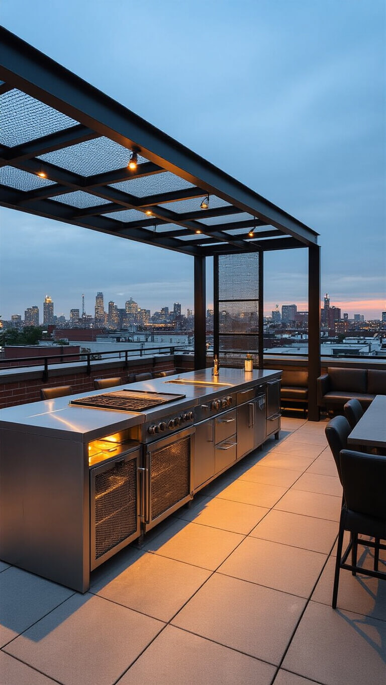 Nighttime industrial loft terrace kitchen with stainless cooking line, black leather bar seating, and city lights in background.