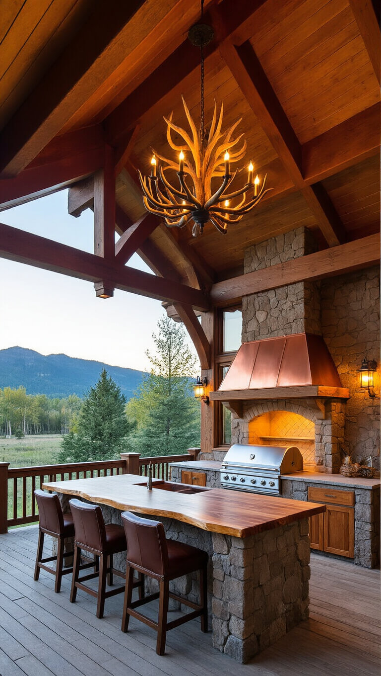 Mountain lodge outdoor kitchen with timber-frame covered deck, stone grill station, copper hood, live-edge pine bar, leather stools, antler chandelier, and mountain view at dawn.