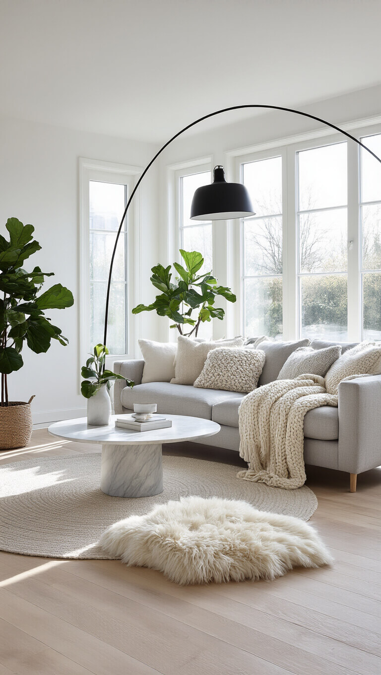 Scandinavian living room with gray linen sofa, marble coffee table, sheepskin throws, and potted fiddle leaf figs, bathed in morning light through floor-to-ceiling windows.