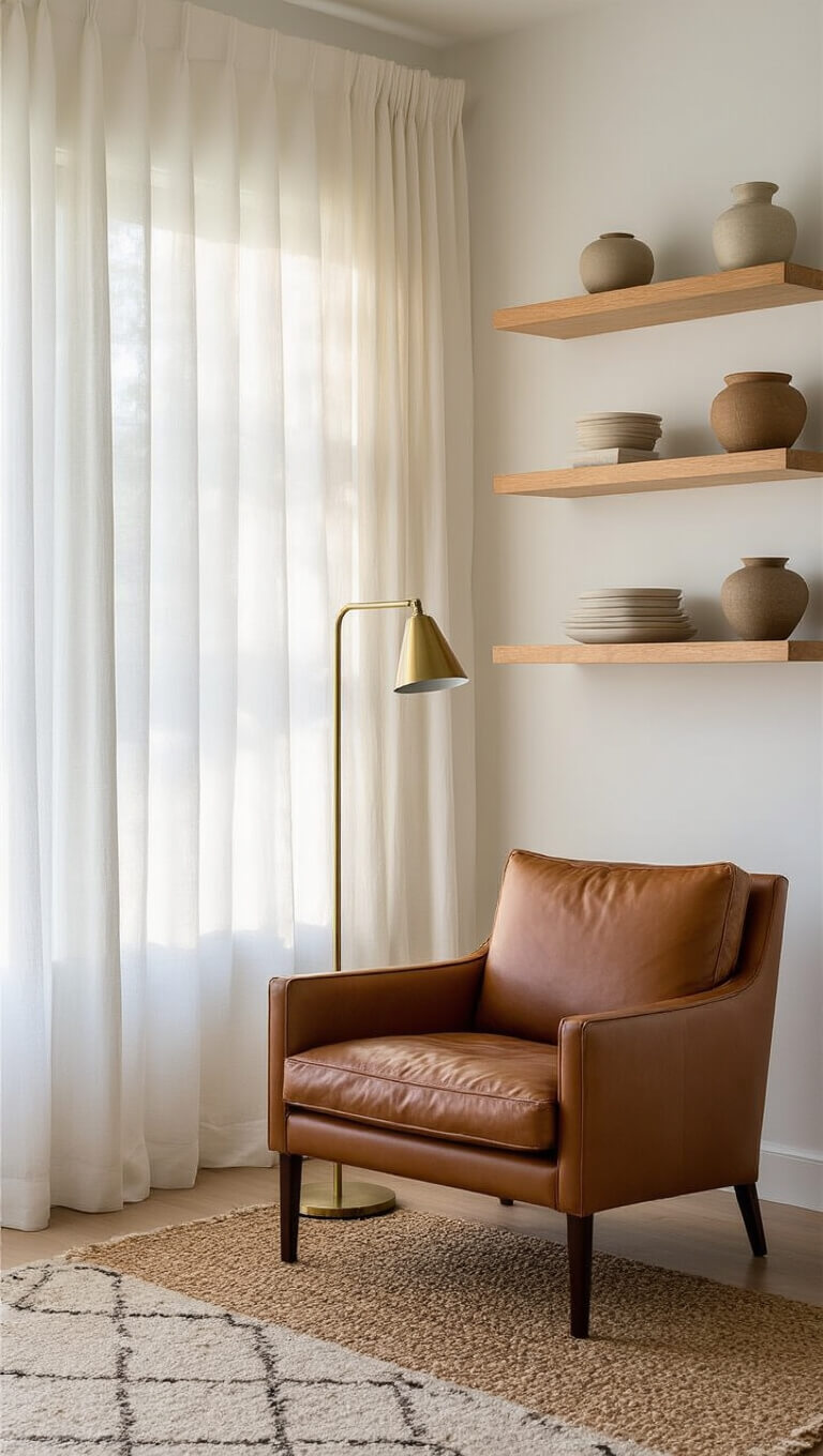 Cozy minimalist living room at golden hour with cognac leather chair, brass floor lamp, layered rugs, and floating shelves displaying muted ceramics.
