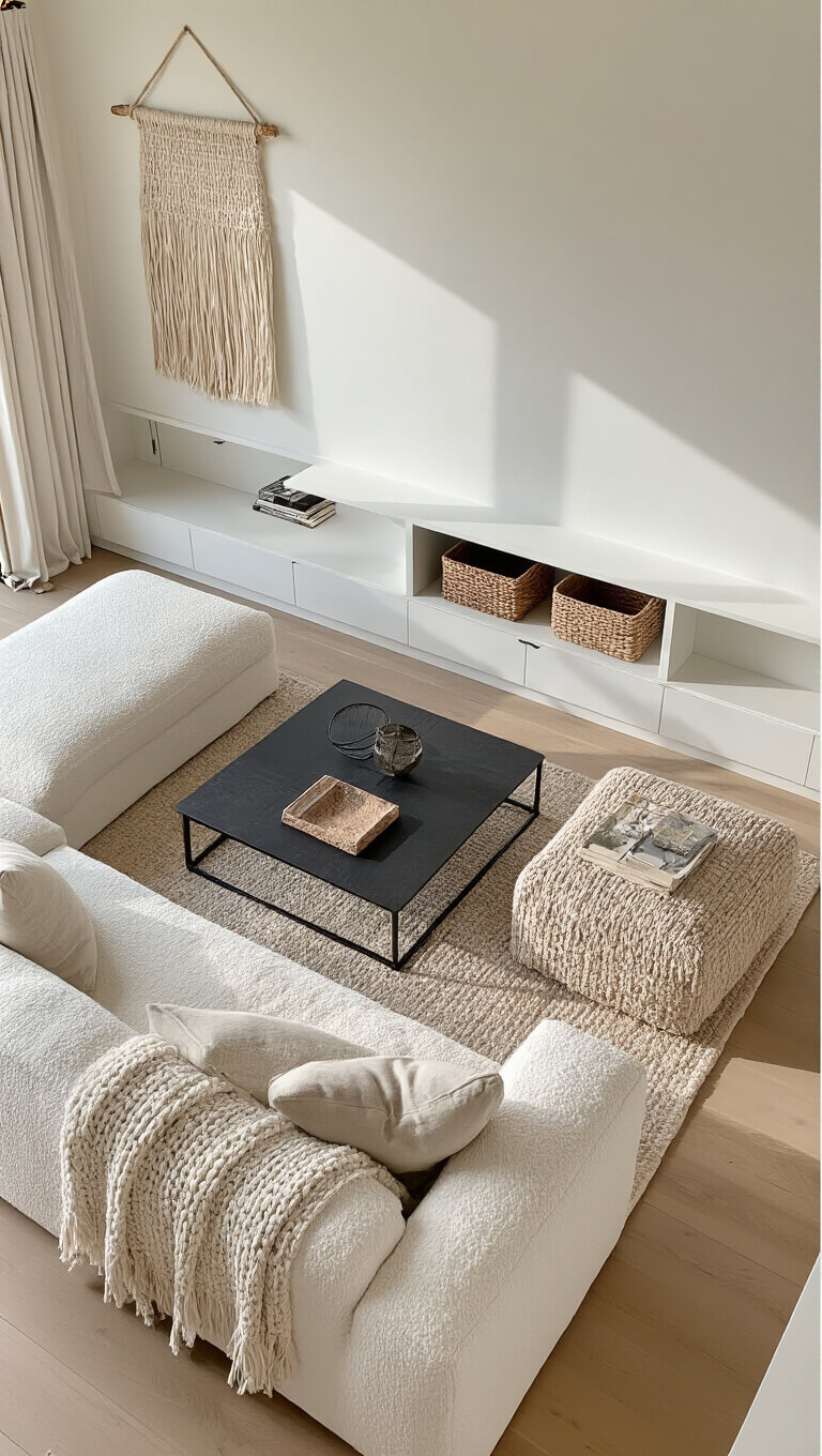Sunlit corner living room with ivory bouclé sofa, black metal coffee table, white built-in storage, and textured decor on pale oak floors.