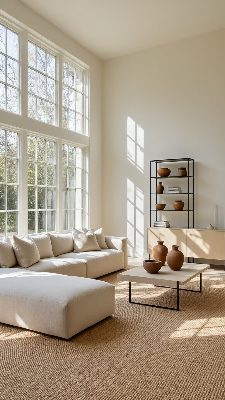 Open-concept room with morning light, white walls, beige sisal carpet, oatmeal L-shaped sofa, black metal bookshelf, and ceramic vessels on pale ash sideboard.