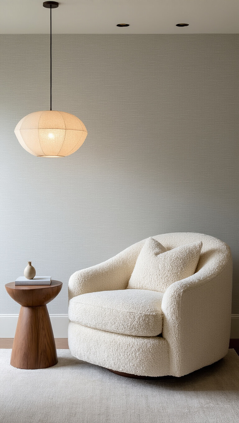 Curved cream bouclé armchair and walnut side table in a softly lit 14x12ft sitting area with textured pale gray wallpaper and layered lighting.