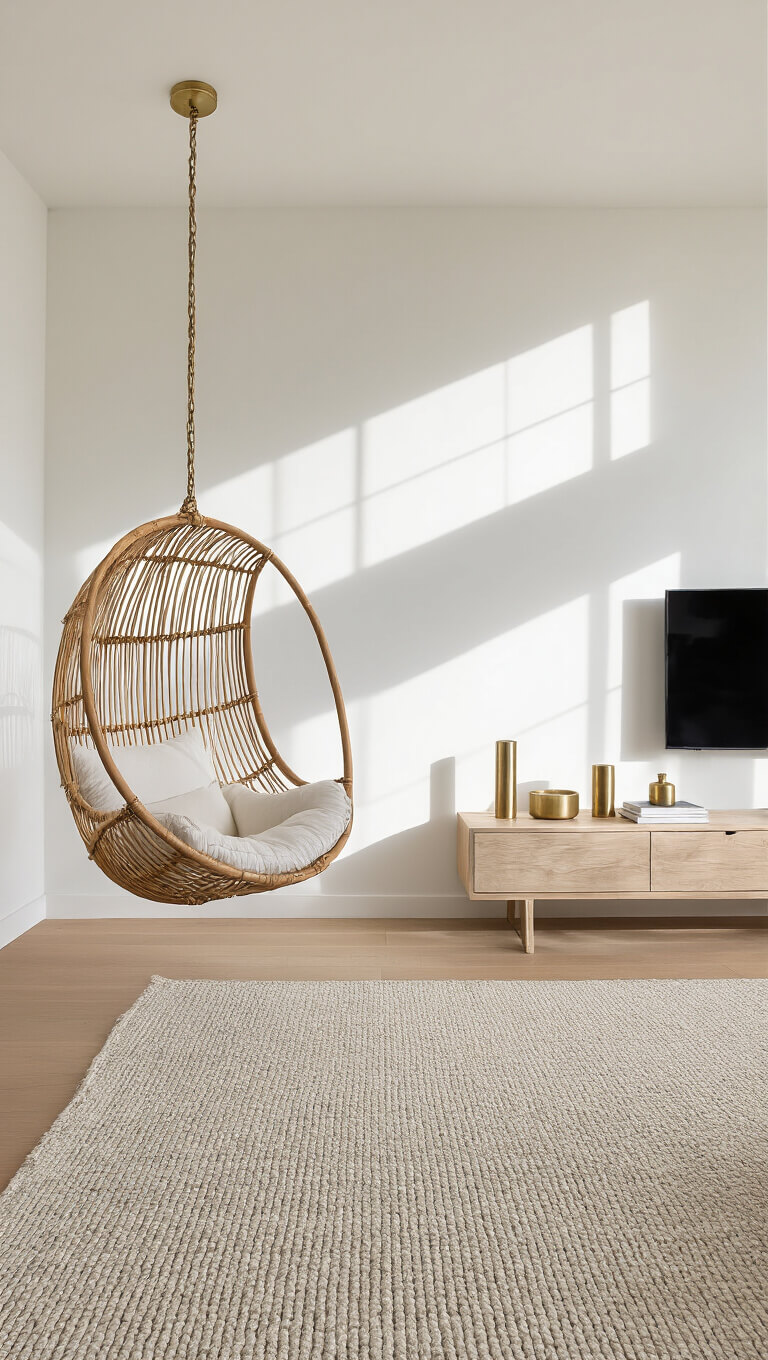 Late afternoon sunlight casts dramatic shadows in a modern 18x15ft living room with a rattan hanging chair, white walls, floating bleached oak media console, brass accents, and layered ivory and gray rugs.