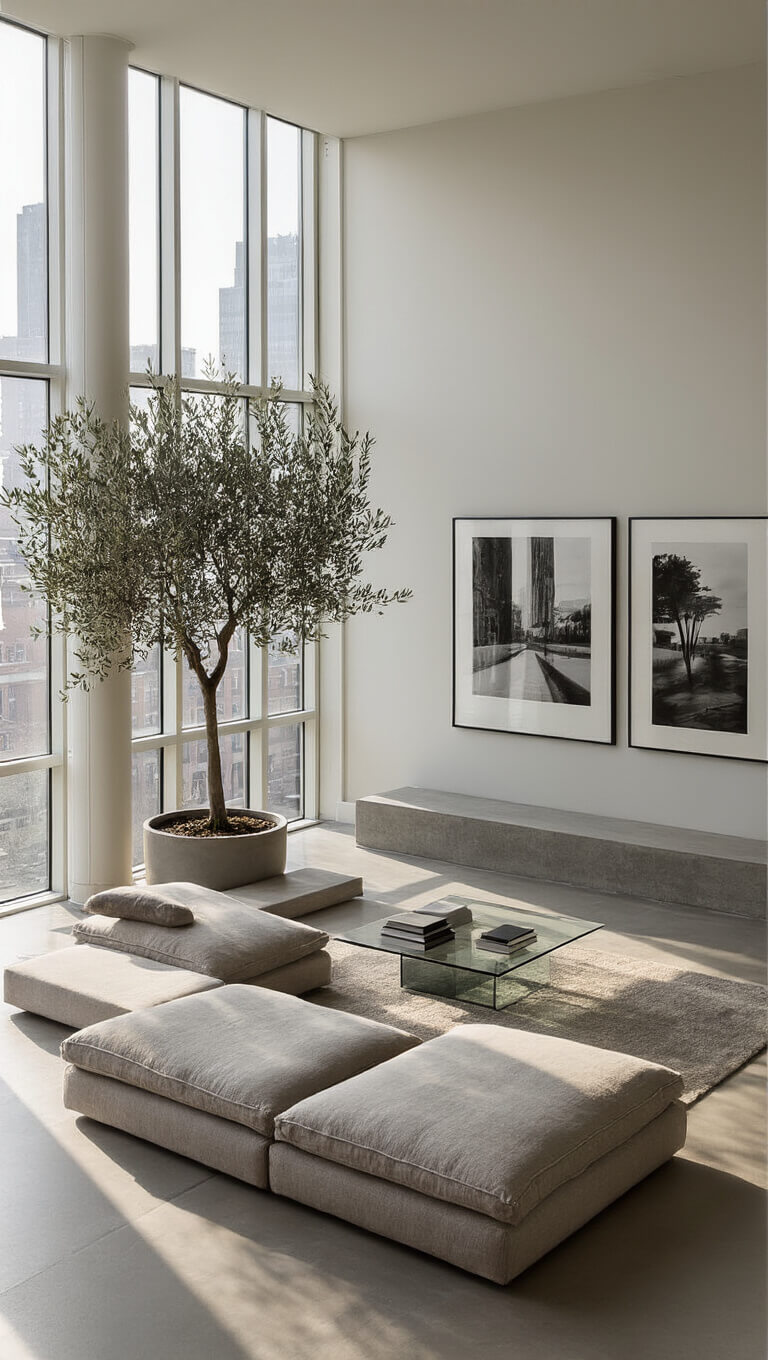 Minimalist 20x16ft room with greige platform sofa, concrete-glass coffee table, potted olive tree, and gallery wall, bathed in early morning light through floor-to-ceiling windows.