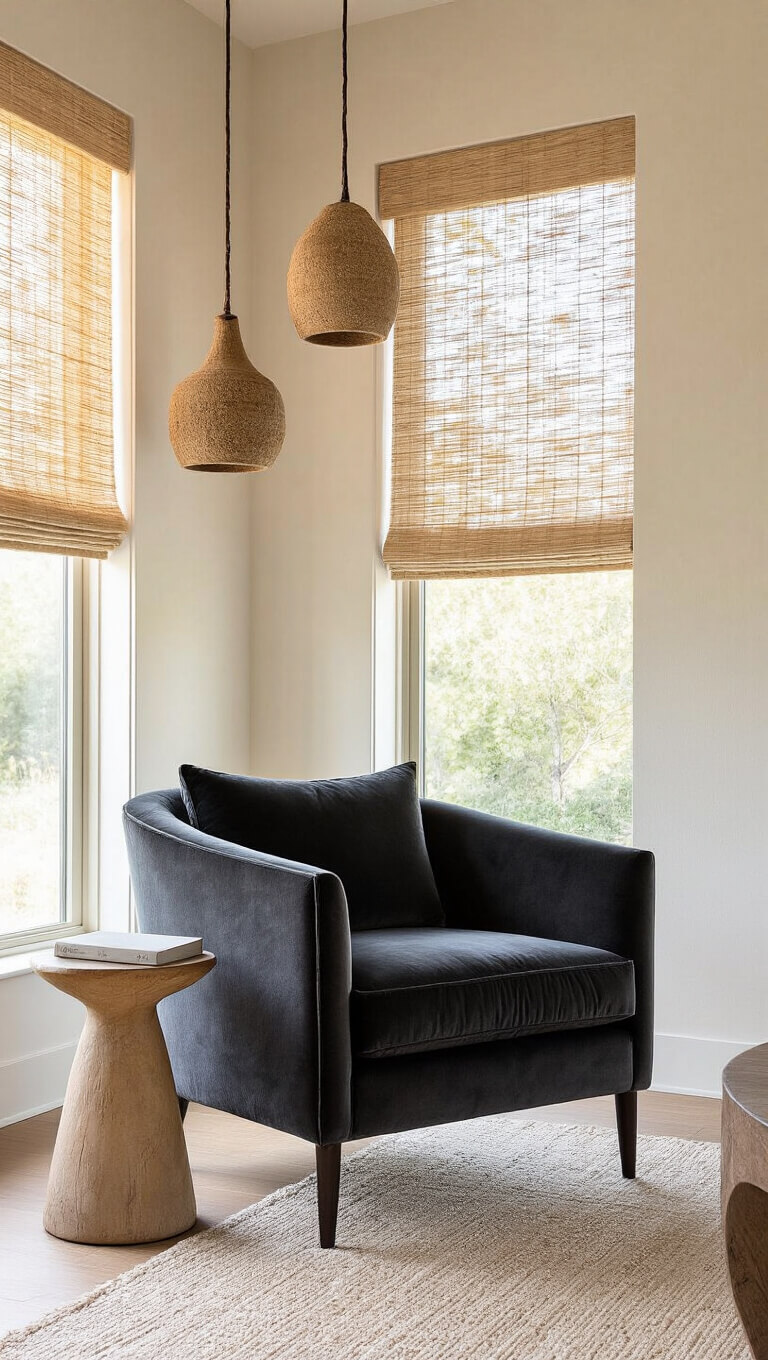 Golden hour light fills a modern living room with a charcoal velvet chair, ceramic pendant lights, and natural fiber window treatments.