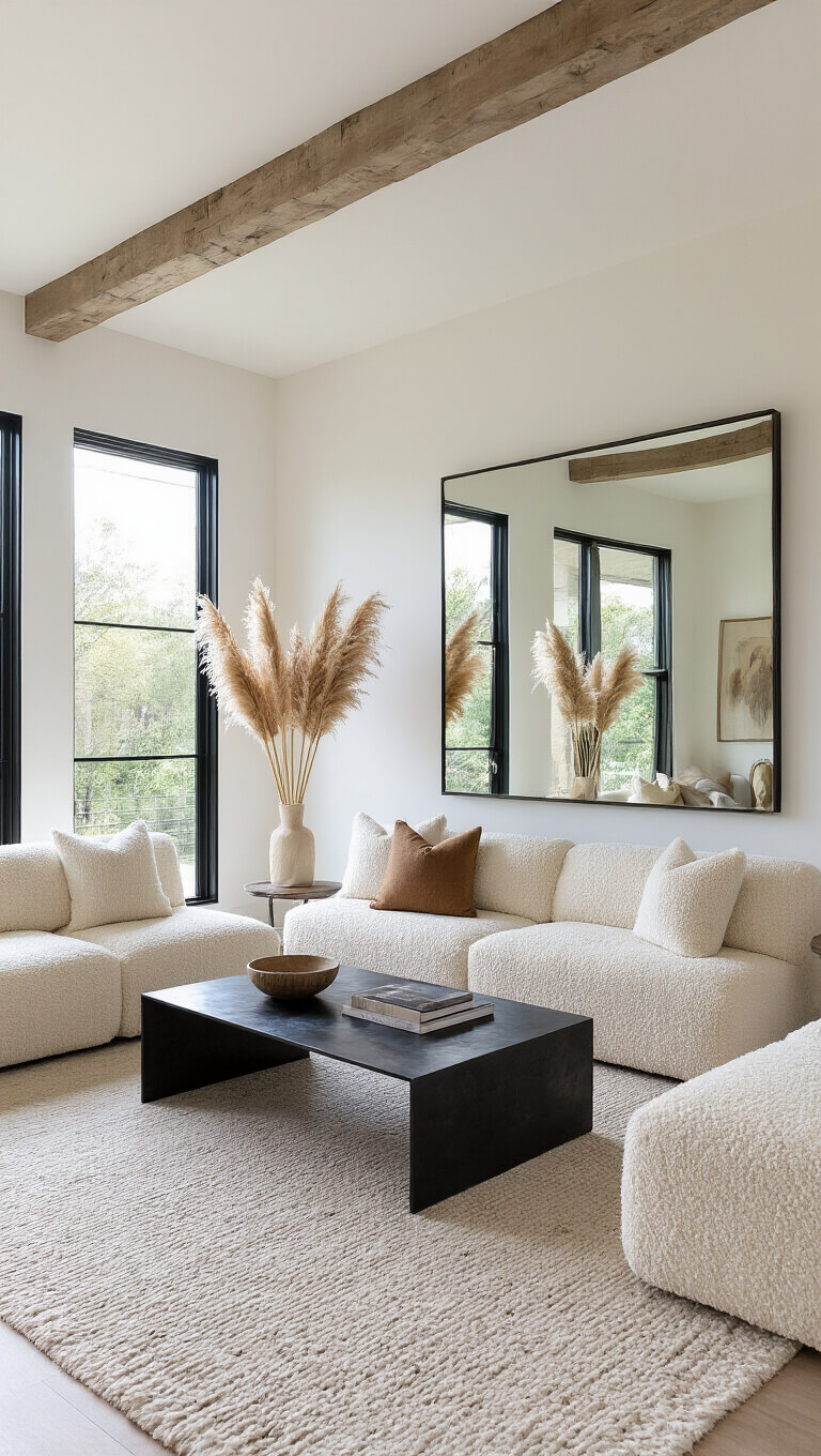 Bright open-concept living space with cream bouclé modular seating, blackened steel coffee table, oversized mirror, and dried pampas grass accents.