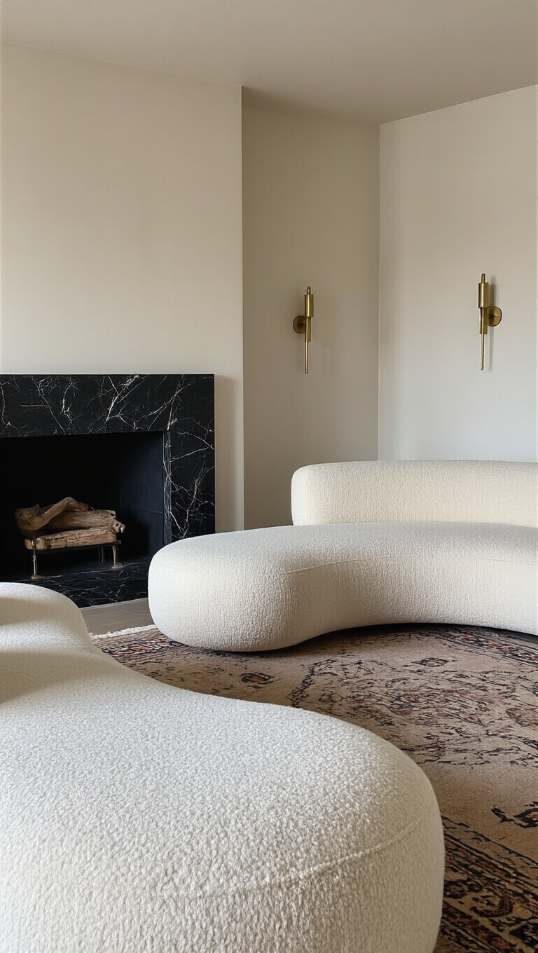 Curved ivory wool sofa faces black marble fireplace in cozy, softly lit room with vintage Moroccan rug and brass sconces.