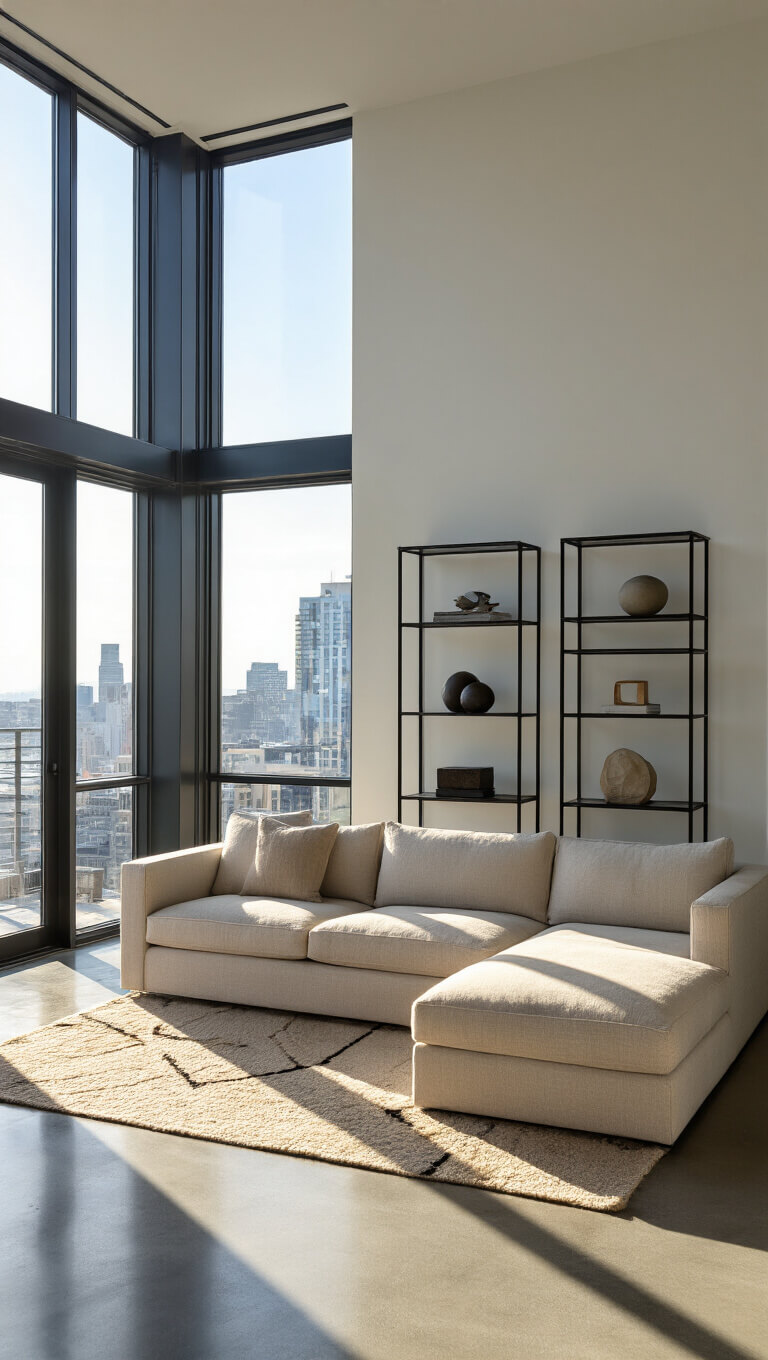 Sunlit modern corner living room with floor-to-ceiling windows, oatmeal sectional on geometric rug, and minimalist black shelving.