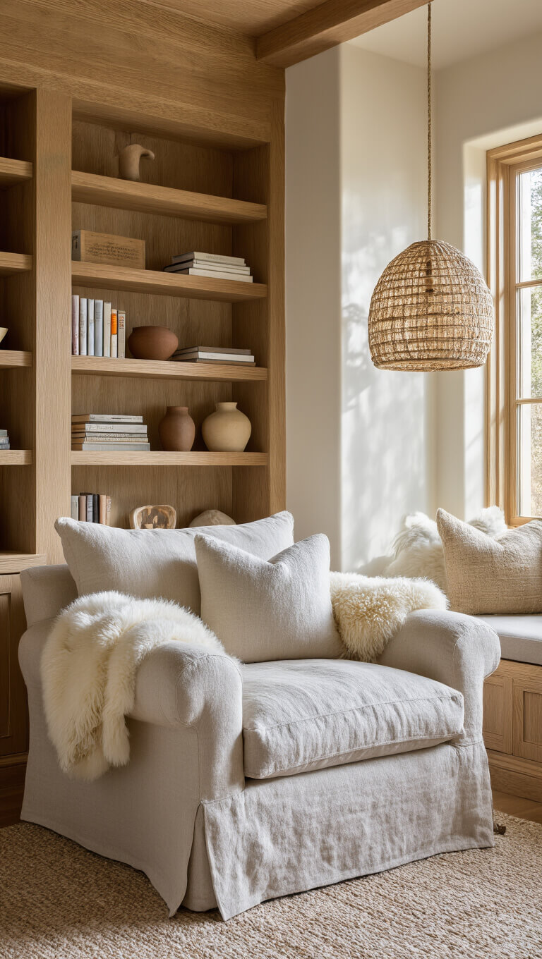 Cozy 16x14ft reading nook with oversized linen armchair, sheepskin throw, built-in oak shelves, books and ceramics, handwoven pendant light, and warm late afternoon glow.