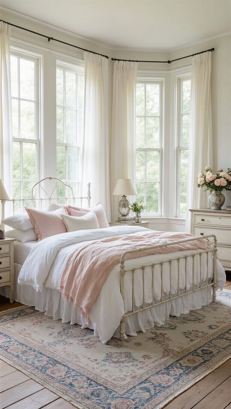 Bright vintage bedroom with iron bed, ruffled bedding, bay windows, and soft morning light illuminating rustic French décor.