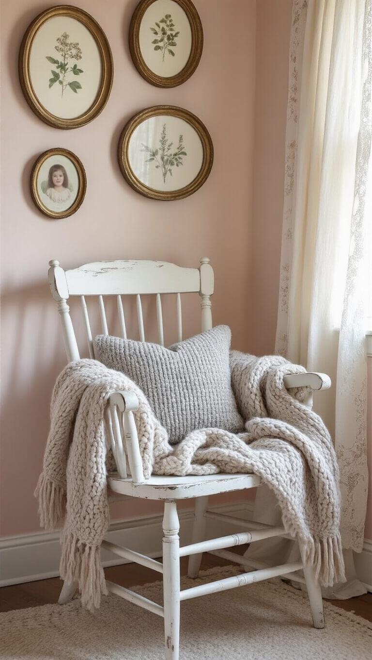 Shabby chic bedroom corner with distressed white chair holding pale gray knit throw, vintage oval frames on blush pink wall, and soft golden hour light through lace curtain.