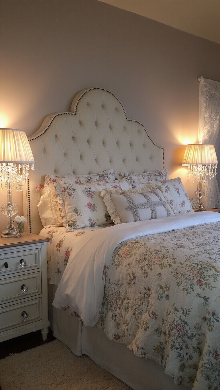 Cozy 12x14ft bedroom at dusk with a cream tufted headboard, vintage-style bedding, weathered white nightstands, and warm crystal lamp lighting.