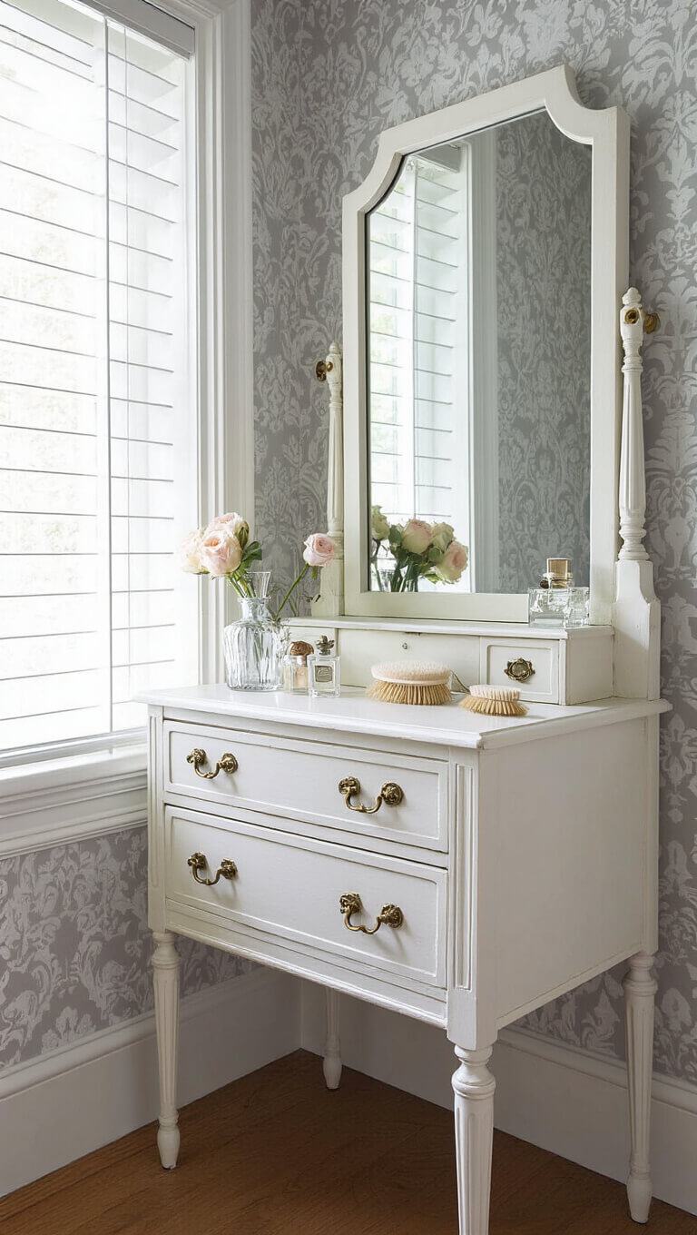 Victorian vanity in antique white with brass hardware, styled with vintage brushes, perfume bottles, and garden roses, set against pearl gray damask wallpaper.