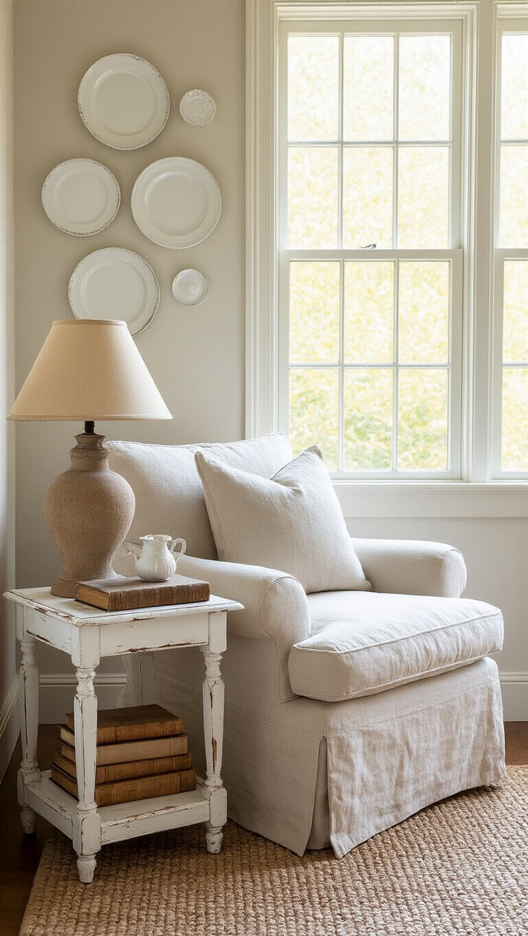 Cozy bedroom reading nook with linen bergère chair, vintage lamp on distressed side table, antique books, and ironstone plate wall decor in warm afternoon light.