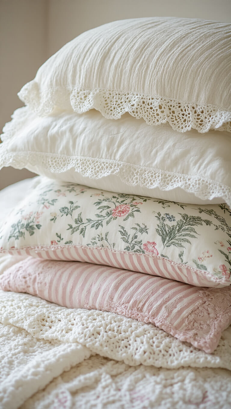 Layered bedding with vintage chenille, eyelet lace, and crocheted edges; assorted pillows in ticking stripe, toile, and matelassé fabrics in soft white, cream, and pink tones, viewed from above in diffused natural light.