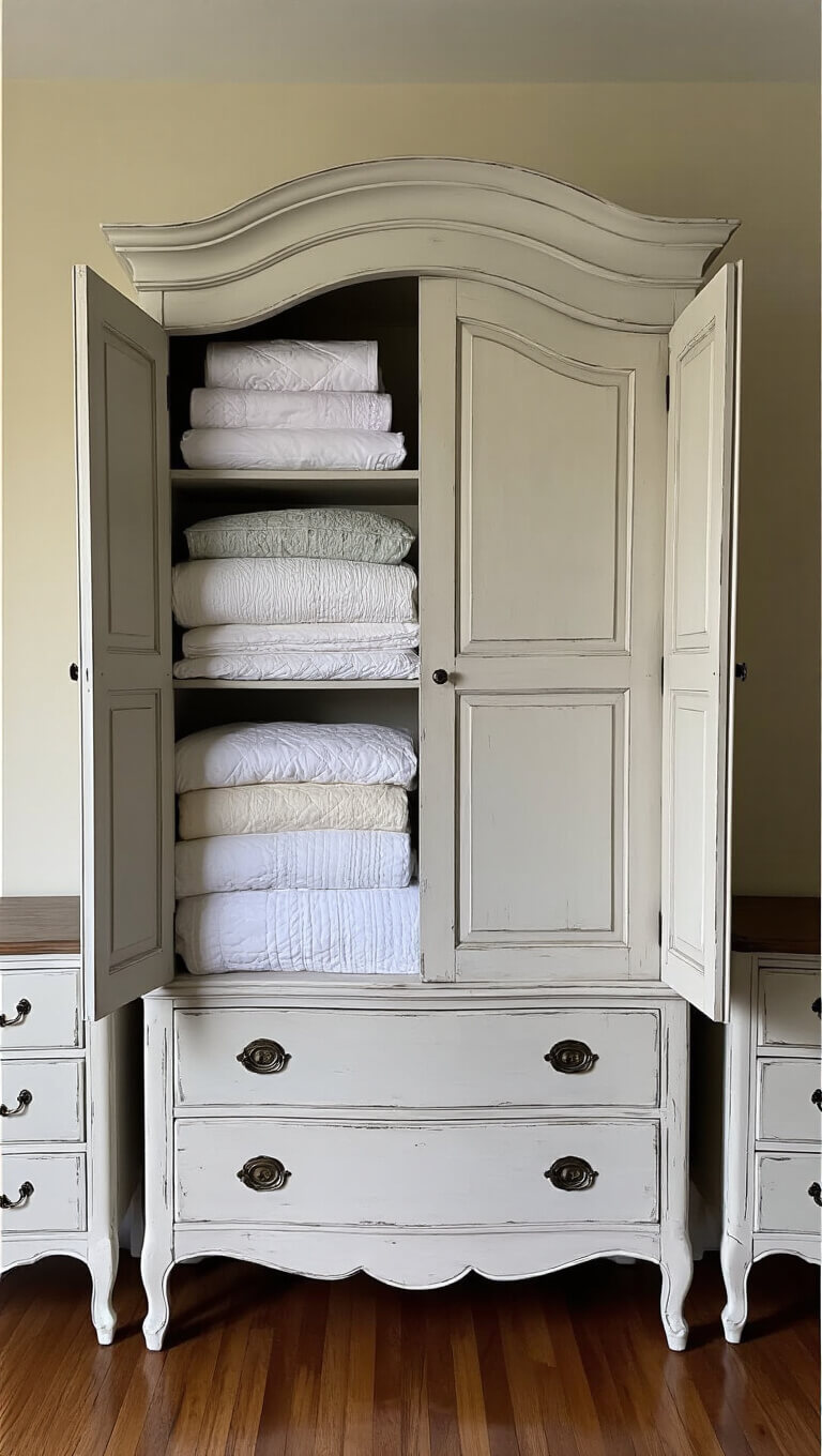 Restored chalk-painted armoire with visible wear, open to show neatly stacked vintage linens and quilts, flanked by matching nightstands in a symmetrical full wall storage display, captured with studio lighting.