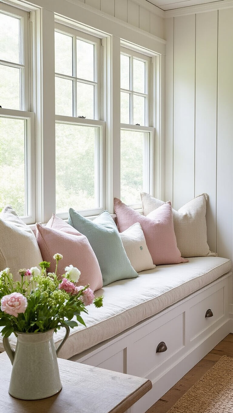 Cozy window seat with vintage French linen cushion, pastel pillows, white wood paneling, and morning light streaming through divided windows; fresh flowers in ironstone pitcher nearby.
