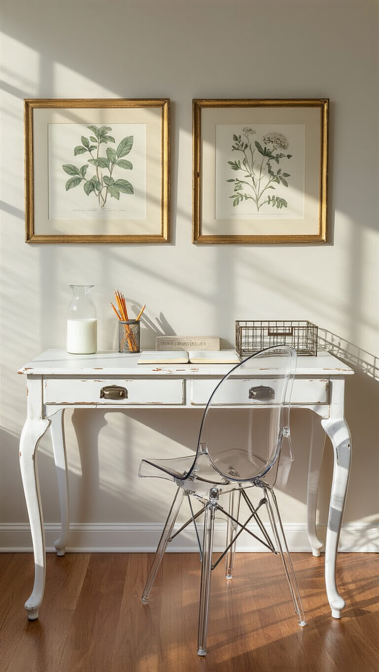 Distressed white desk with Queen Anne legs in bedroom workspace, paired with ghost chair and vintage accessories, bathed in late afternoon light.