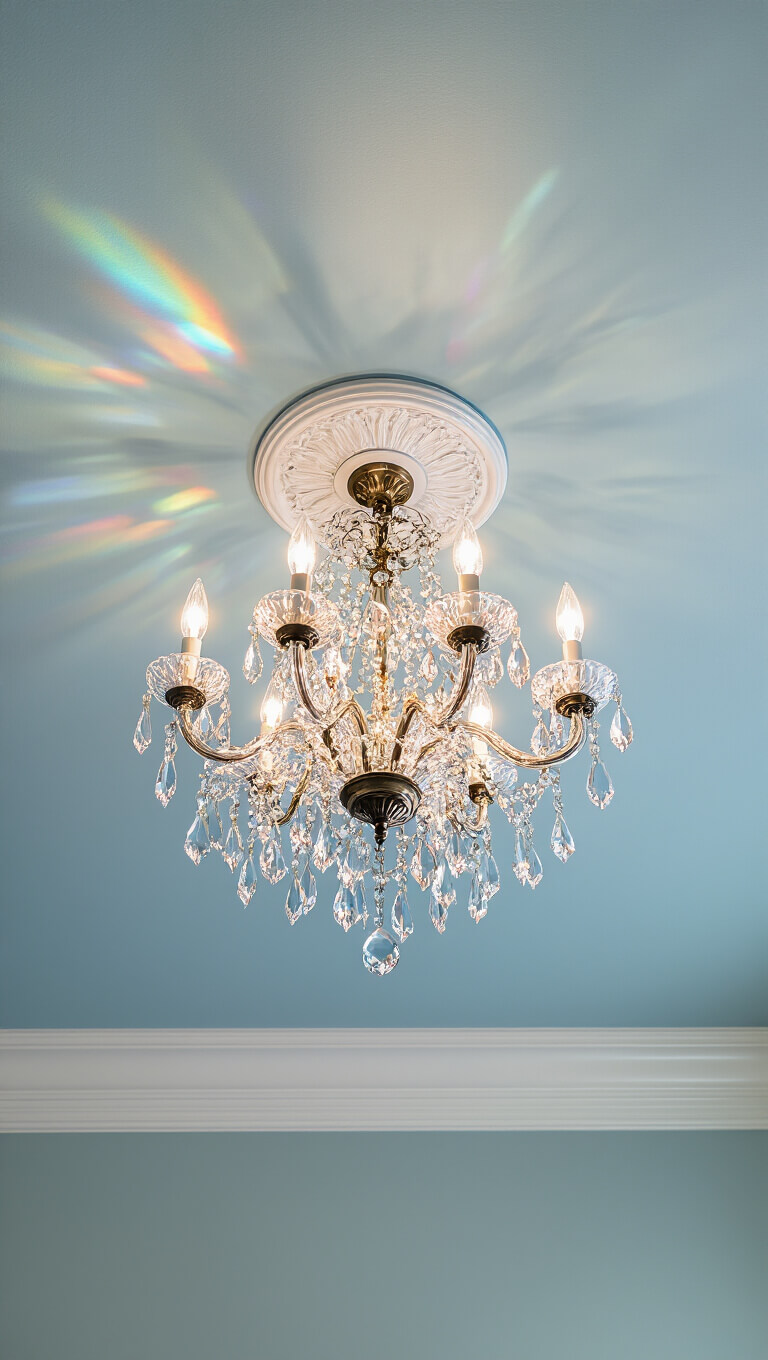 Vintage crystal chandelier with prisms hangs from blue-gray ceiling medallion, framed by white crown molding, viewed from below.
