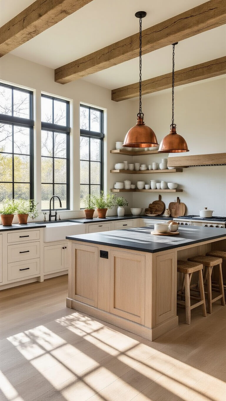 Modern farmhouse kitchen with exposed beams, floor-to-ceiling windows, matte black island, copper pendant lights, white oak flooring, and open shelving with white ceramics.