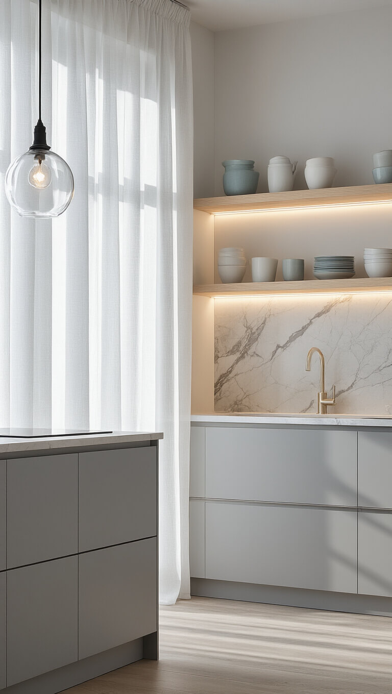 Minimalist Scandinavian kitchen with dove gray handle-less cabinets, marble backsplash, bleached oak open shelves displaying white and pale blue ceramics, and soft afternoon light through sheer curtains.