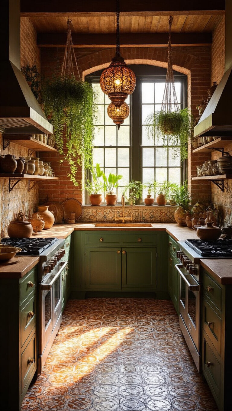 Bohemian-inspired kitchen with exposed brick wall, vintage tile flooring, open shelving with pottery and brass, hanging plants in macramé holders, and warm golden hour lighting.