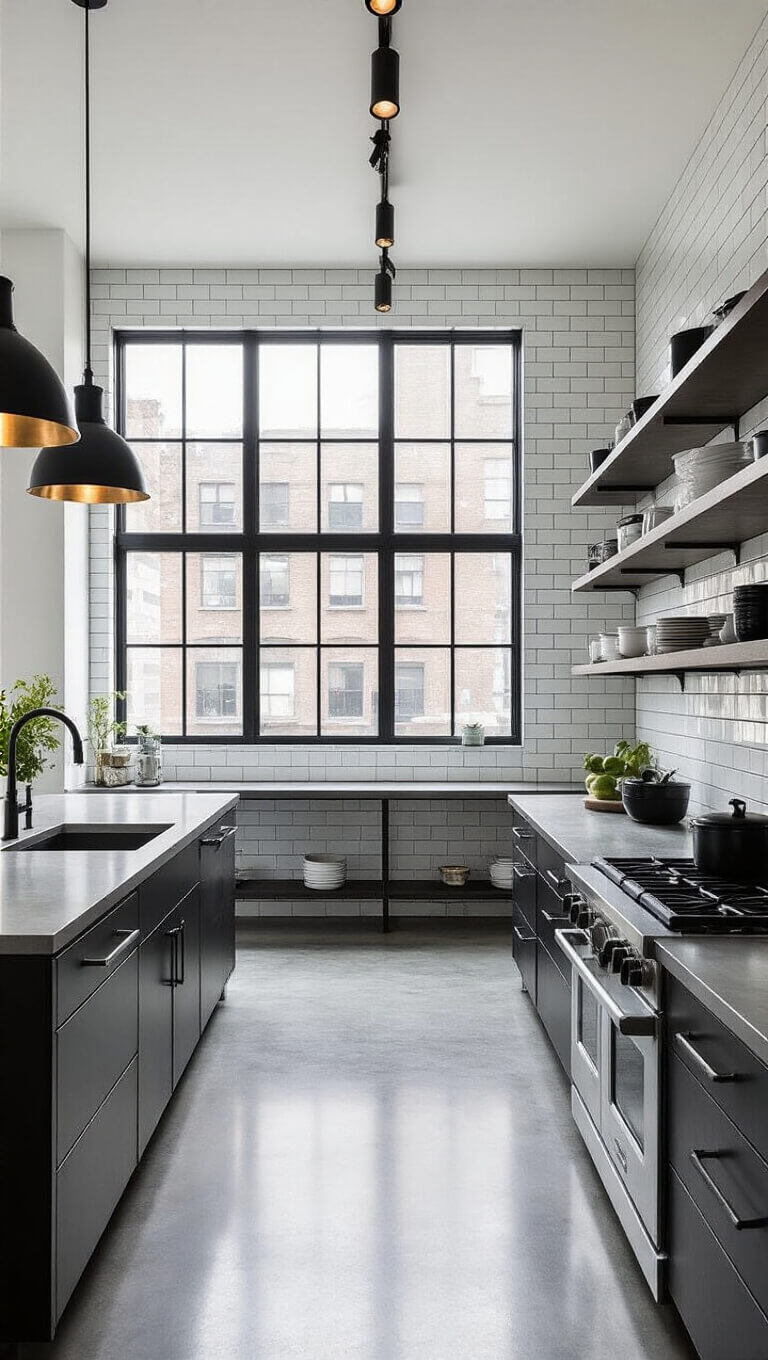 Industrial modern kitchen with polished concrete floors, blackened steel accents, and dramatic track lighting highlighting workspaces; floating metal shelves display minimalist black and white cookware against floor-to-ceiling metro tiles, with brushed brass accents and large factory-style windows offering urban views.
