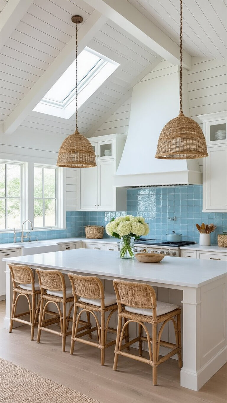 Contemporary coastal kitchen with vaulted ceilings, whitewashed shiplap, pale blue tile backsplash, large white quartz island with seating, rattan pendant lights, and seaside accents in whites, blues, and beiges.