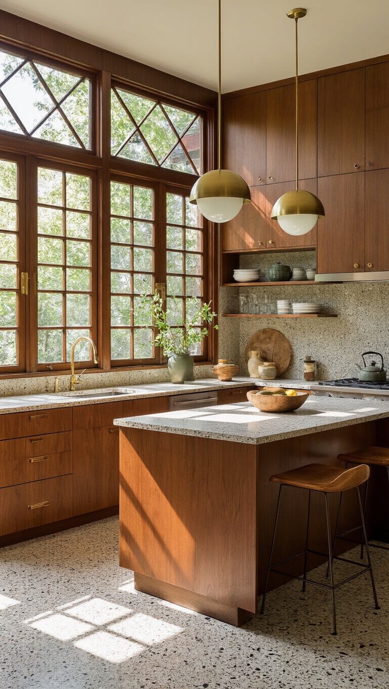 Mid-century modern kitchen with walnut cabinets, terrazzo floors, brass light fixtures, and vintage decor in earth tones, olive green, and burnt orange.