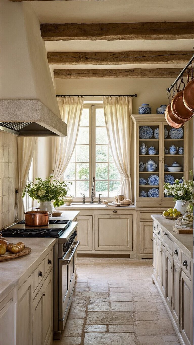 French country kitchen with limestone floors, exposed ceiling beams, copper pots over large range, antique hutch with blue and white porcelain, and morning light through cafe curtains.