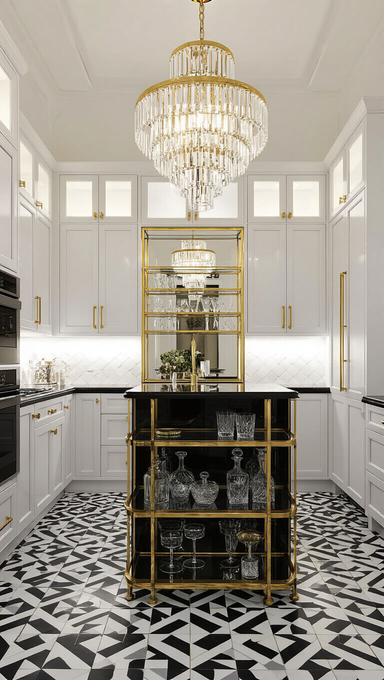 Art Deco kitchen with high-gloss cabinets, geometric tile floor, brass and glass shelving, mirror-backed bar, dramatic evening lighting, and a central chandelier in black, white, and gold with jewel-tone accents.