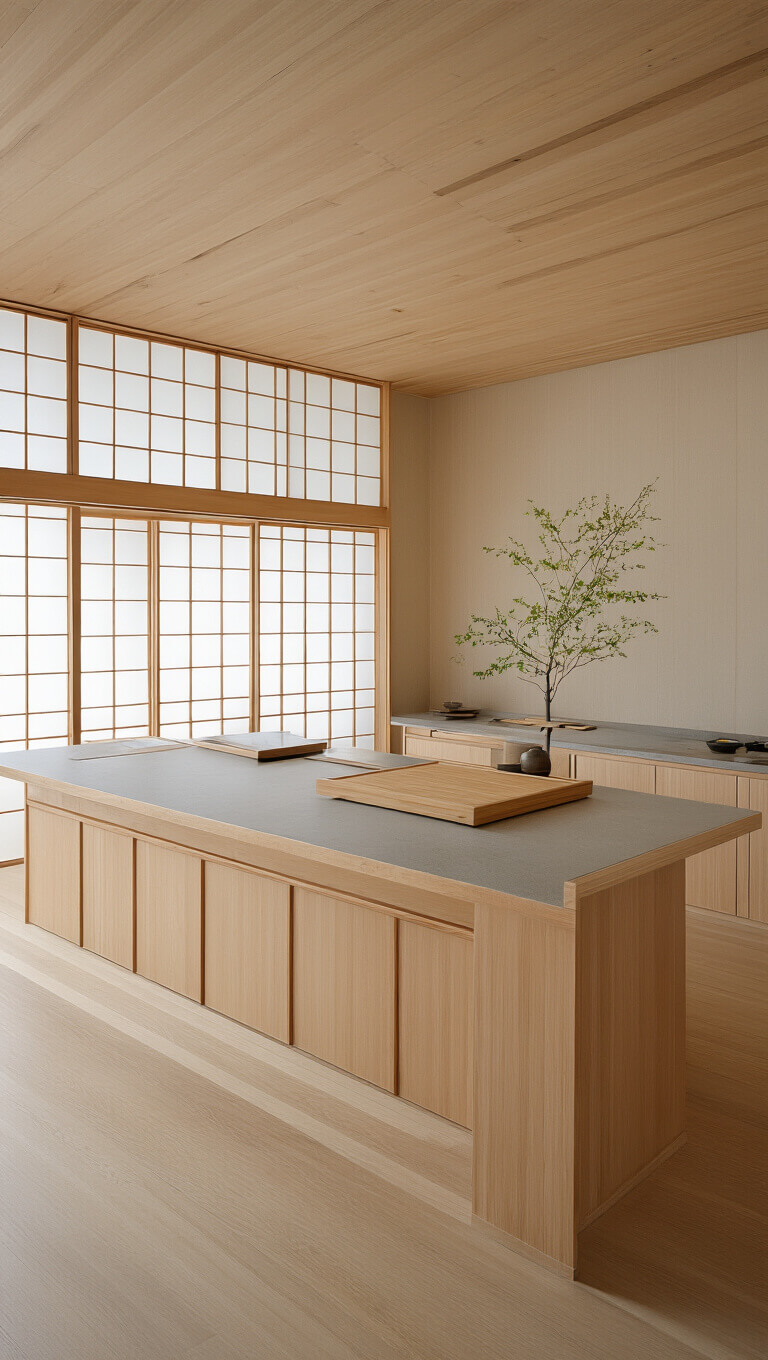 Japanese minimalist kitchen with cedar accent wall, paper screen windows, bamboo island, and tea prep area, bathed in diffused natural light.