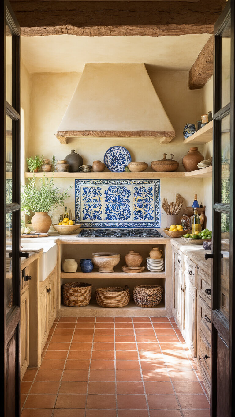 Mediterranean kitchen with terra cotta tile floors, plastered walls, and open shelving displaying pottery and olive oils; hand-painted tile backsplash and late morning light highlighting warm earth tones with cobalt blue and yellow accents.