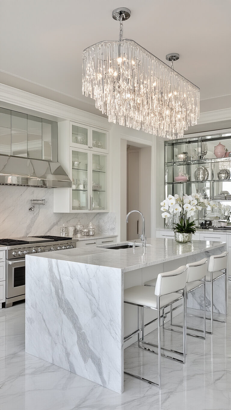 Contemporary glamour kitchen with marble waterfall island, mirrored backsplash, crystal chandelier, glass-front cabinets, chrome and lucite accents, and a white, silver, and pale pink palette with fresh orchids.