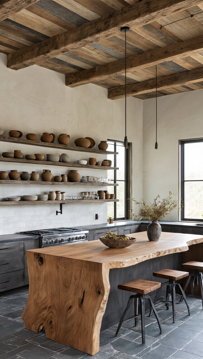 Rustic modern kitchen with reclaimed barn wood ceiling, slate floors, mixed metal shelving, artisanal pottery, live-edge wood bar, and earth-tone palette shot from above.