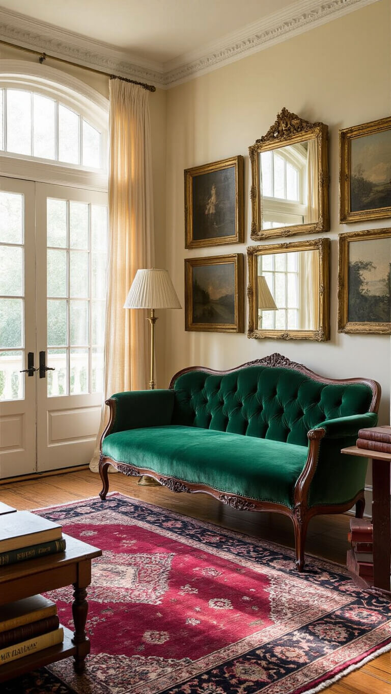 Sunlit vintage living room with emerald Victorian settee, layered Persian rugs, gilt-framed mirrors, and brass lamp, bathed in golden hour light through sheer curtains.