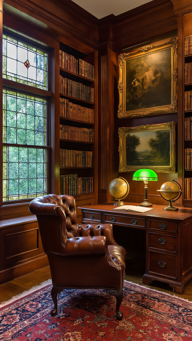 Cozy study with mahogany bookshelves, Chesterfield armchair, Victorian desk with vintage globe and green banker's lamp, oriental rug, and oil paintings, warmly lit at dusk.