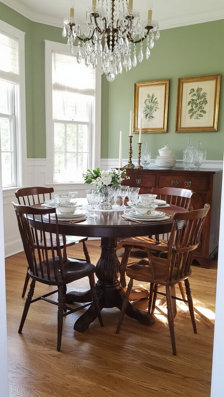 Bright dining room with crystal chandelier, vintage mismatched chairs around dark walnut pedestal table, silver and china on sideboard, botanical prints on sage green walls.
