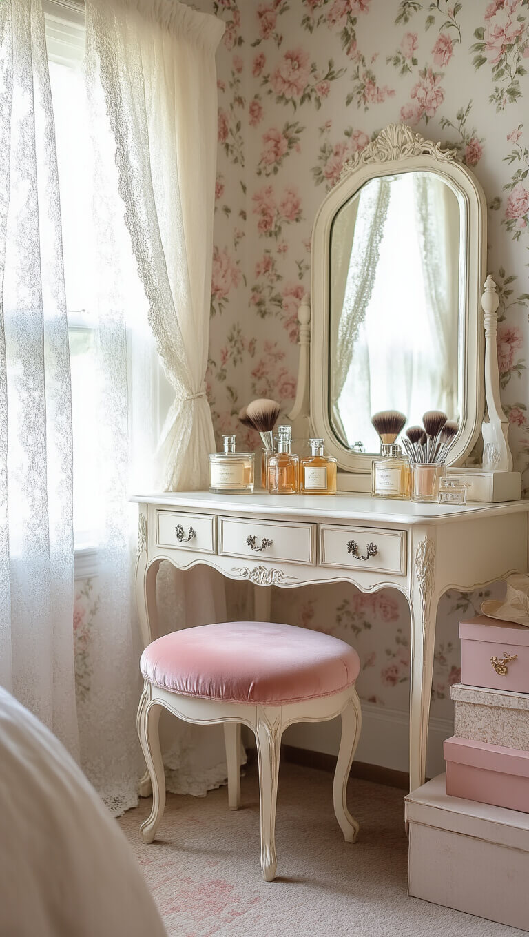 Vintage-style vanity alcove with blush pink stool, lace-curtained light, floral wallpaper, and stacked hat boxes in soft, feminine tones.