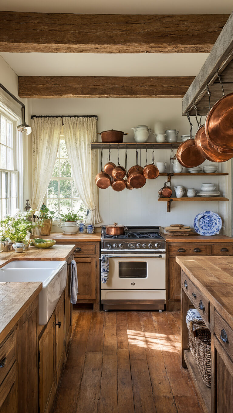 Rustic 15x20ft kitchen with exposed beams, vintage stove, hanging copper pots, open shelving with ironstone and blue-and-white dishes, farmhouse sink, butcher block island, and warm natural light.