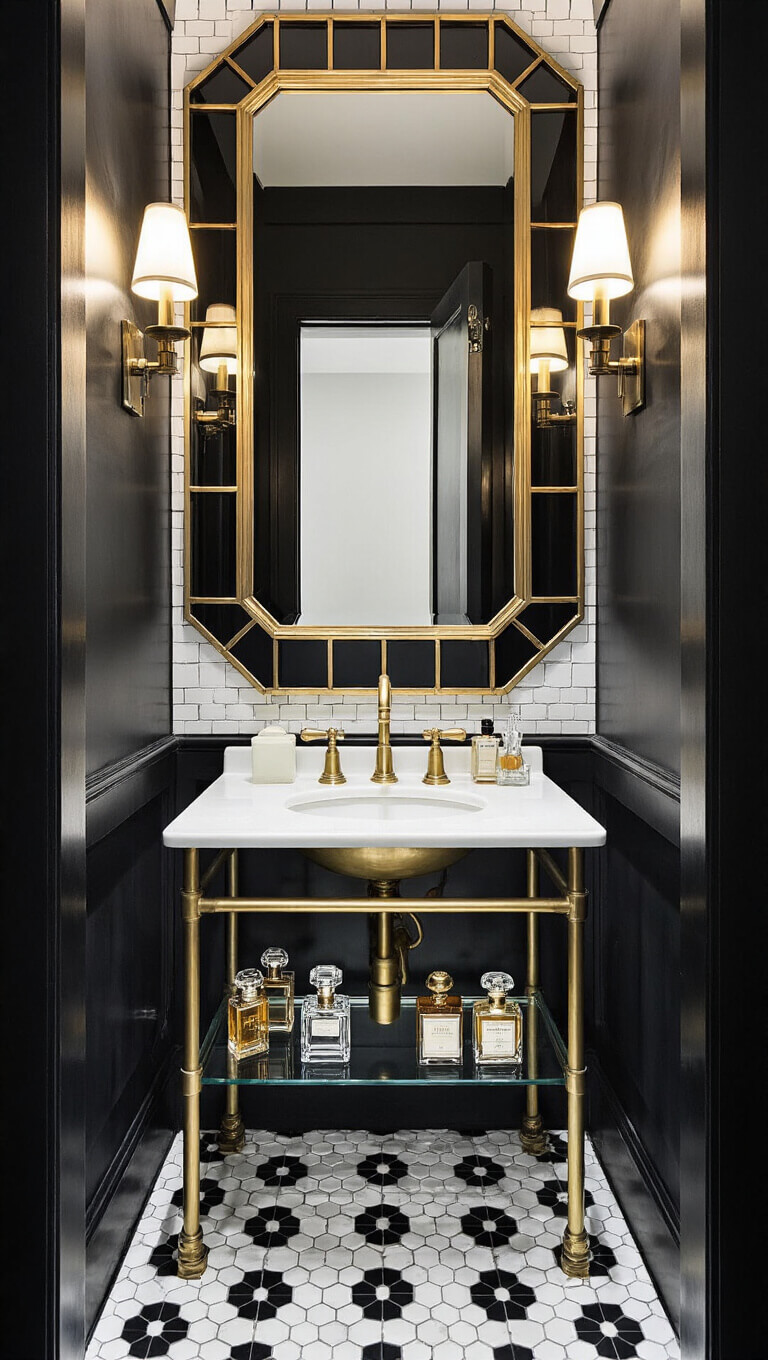 Art deco powder room with black and white hex floor, brass sink, geometric mirror, vintage sconces, and antique perfume bottles on glass shelf.