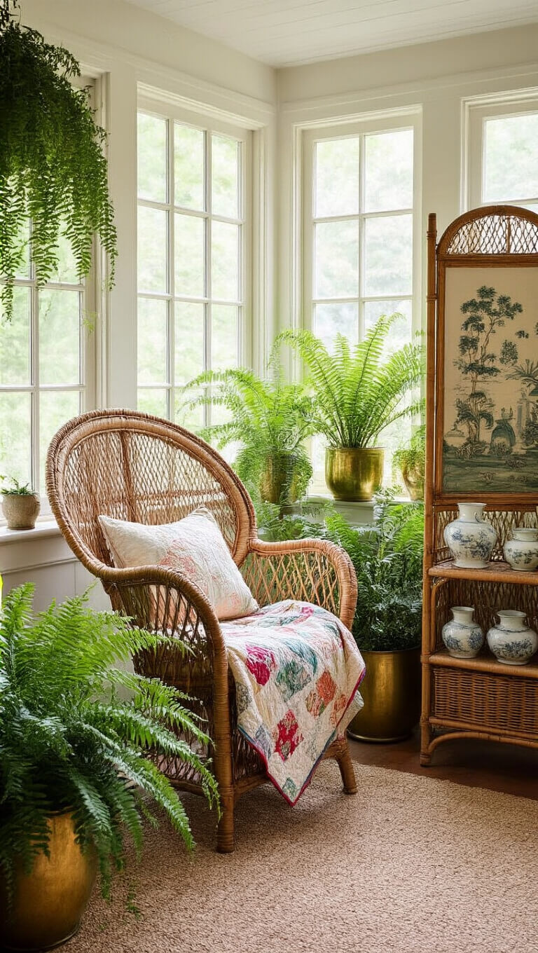 Sunlit 16x18ft sunroom with rattan peacock chair, vintage quilts, potted ferns in brass planters, chinoiserie bamboo screen, milk glass vases on wicker shelf, and abundant greenery in morning haze.