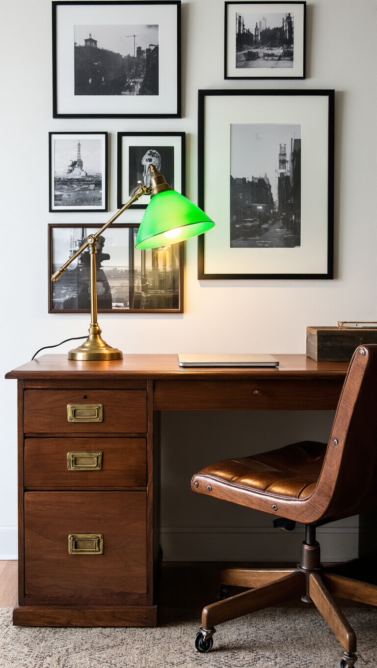 Late-night home office with walnut mid-century desk, green-lit vintage Banker's lamp, industrial filing cabinet, and black-and-white photo gallery wall in dim lighting.